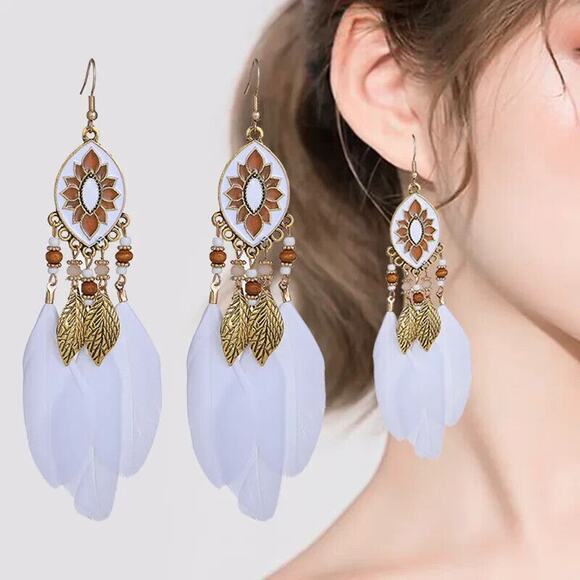 Boho Rice Bead Water Drop Tassel Leaf Aztec Ethnic Earrings White Boho Gold - Picture 1 of 3